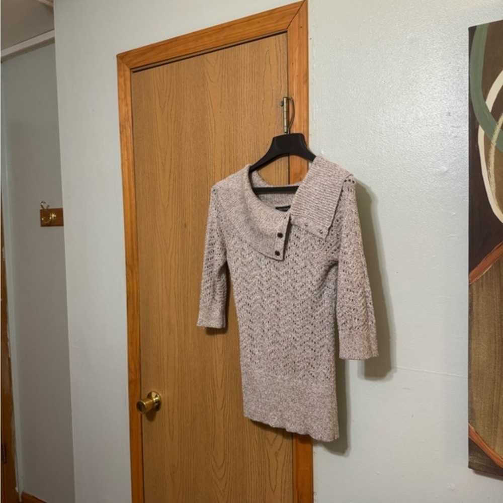 White House Black Market Medium Metallic Tan 3/4 Sleeve Cowlneck Sweater - EUC